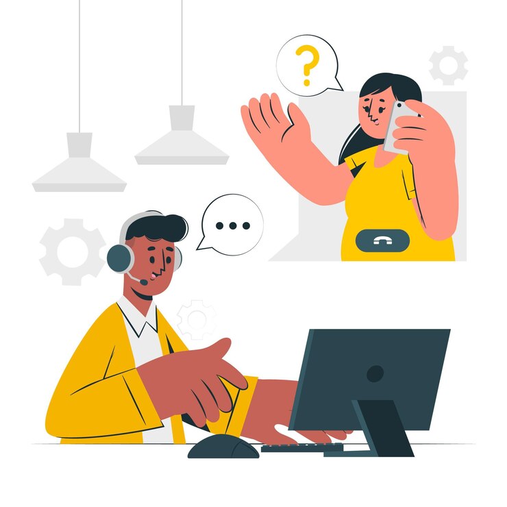 desenho de uma mulher e um homem, mulher falando no celular e o homem no computador
