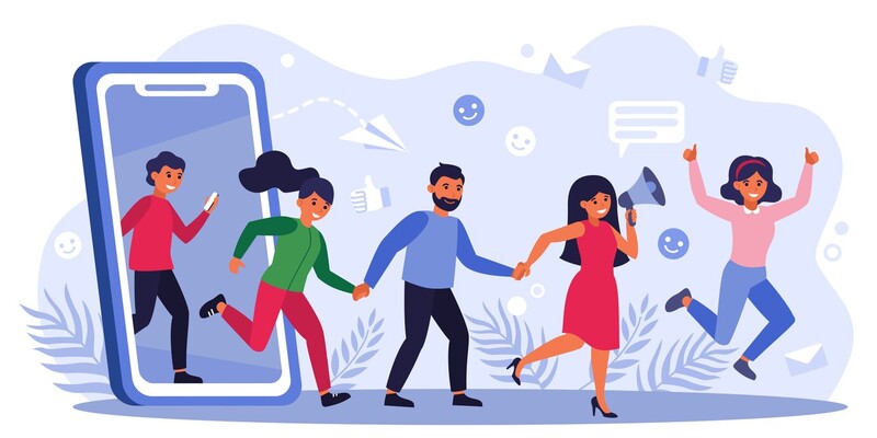 Desenho de pessoas saindo de dentro de uma tela de celular