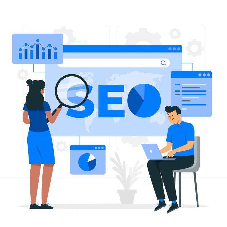 Desenho de homem e uma mulher analisando SEO